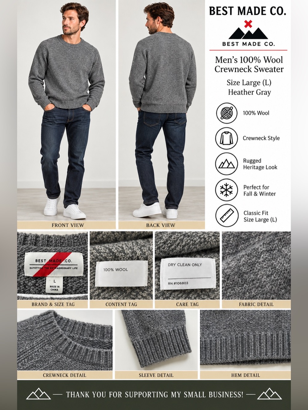 Best Made Co. Men’s Large 100% Wool Crewneck Sweater Heather Gray